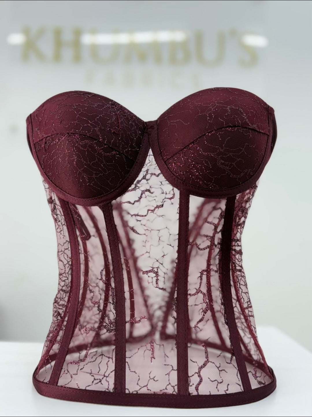 Burgundy Glittering Corset with Closed Cleavage Design