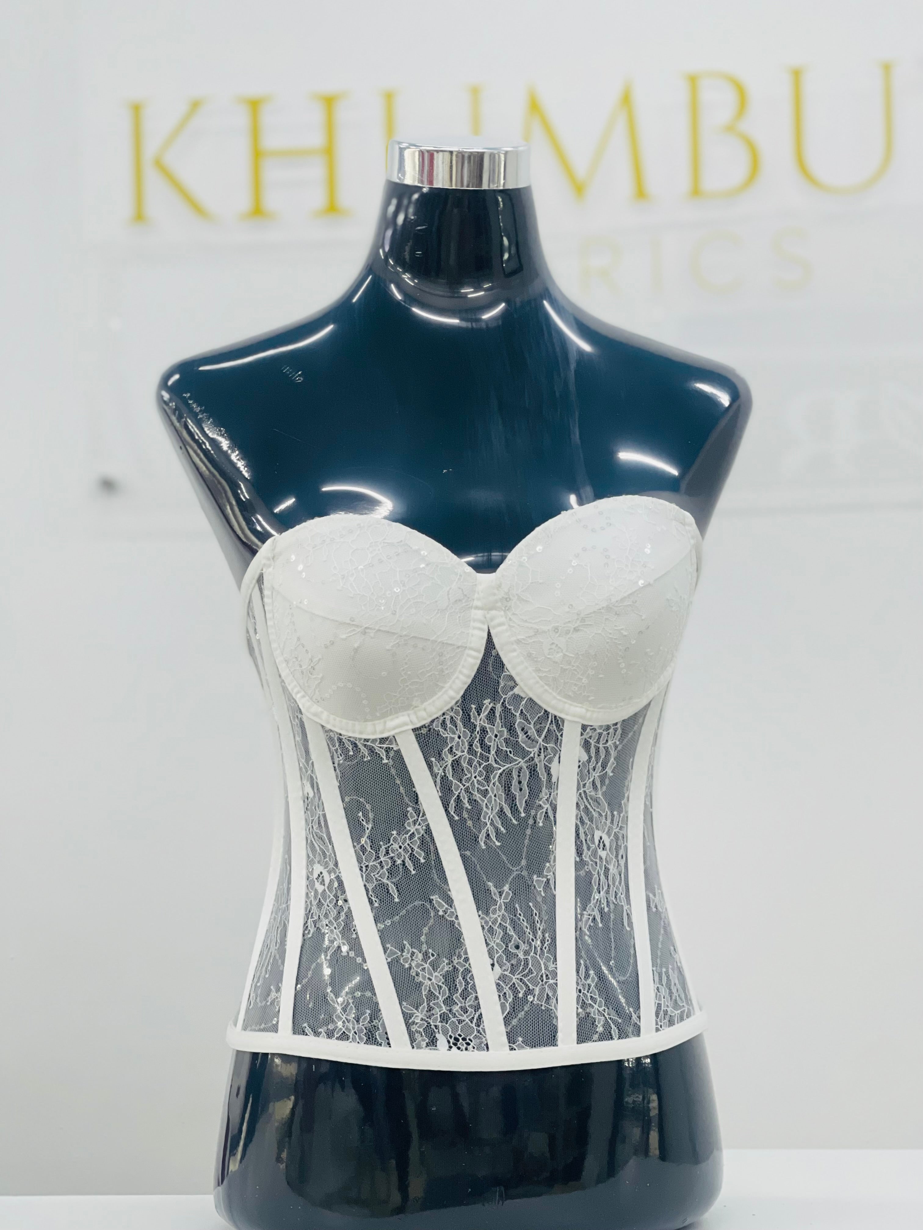 Chantilly lace corset with closed up cleavage
