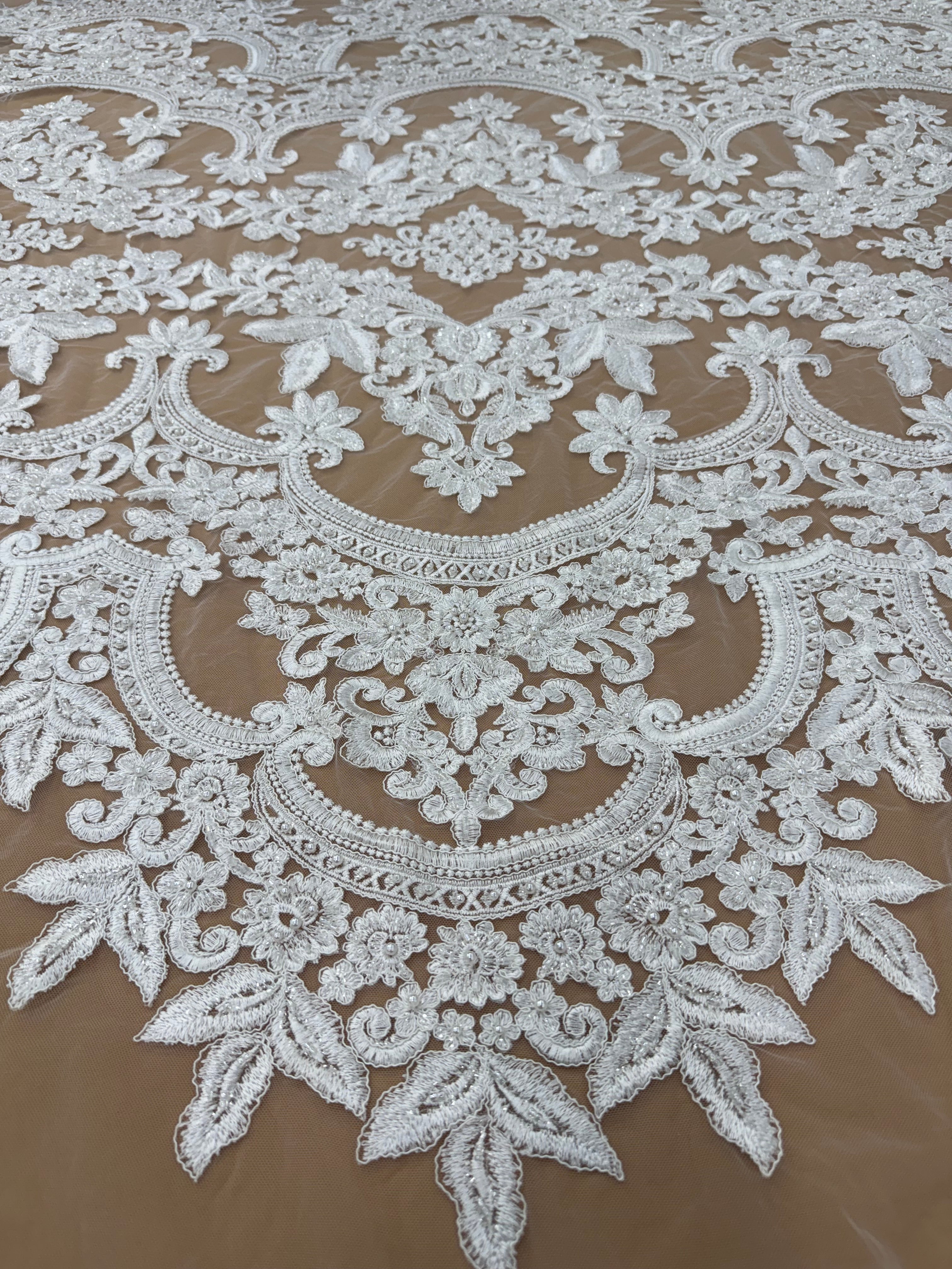 White Embroidery Lace Fabric/ Beaded with Sequins.