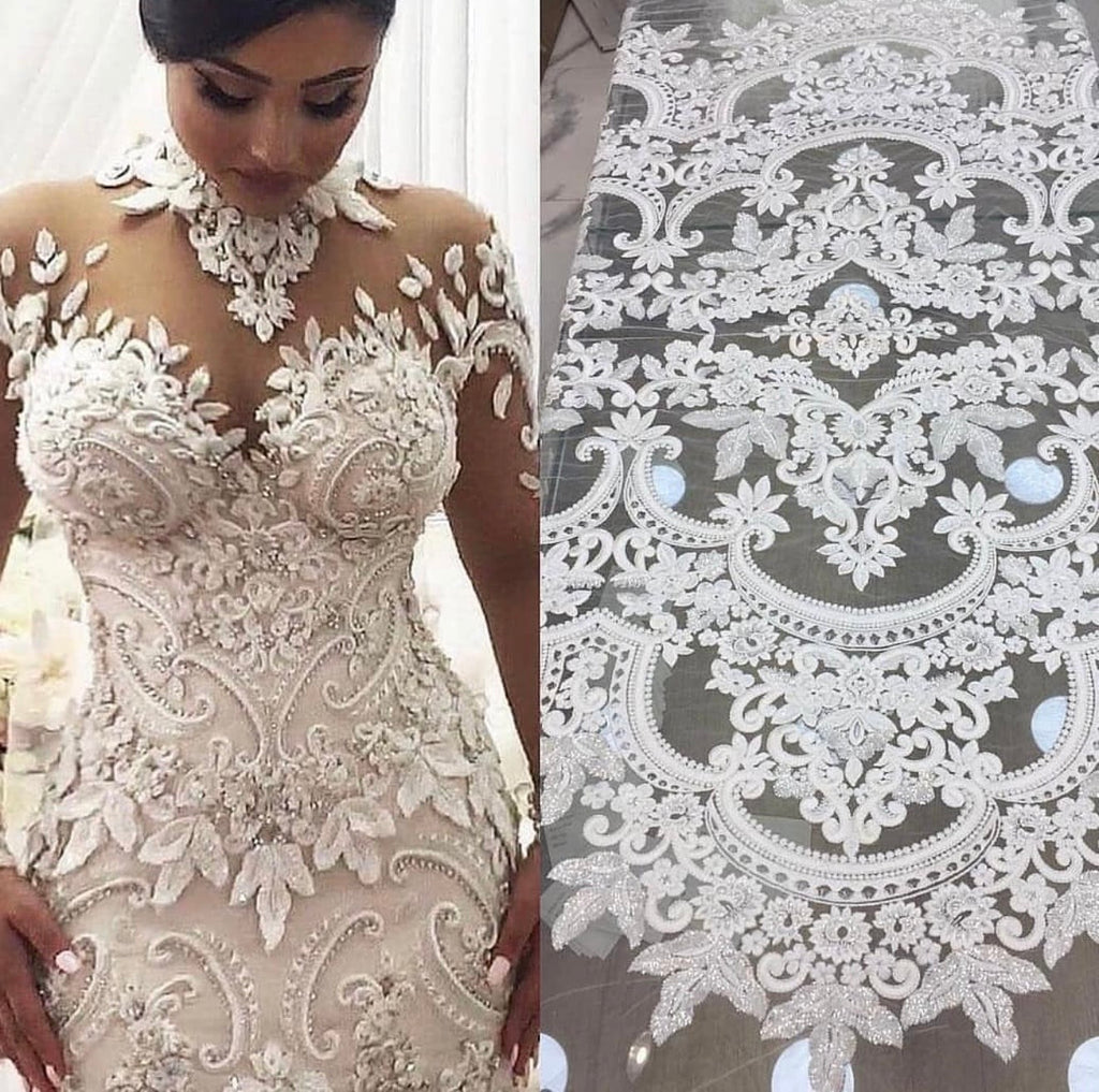 White Embroidery Lace Fabric/ Beaded with Sequins.