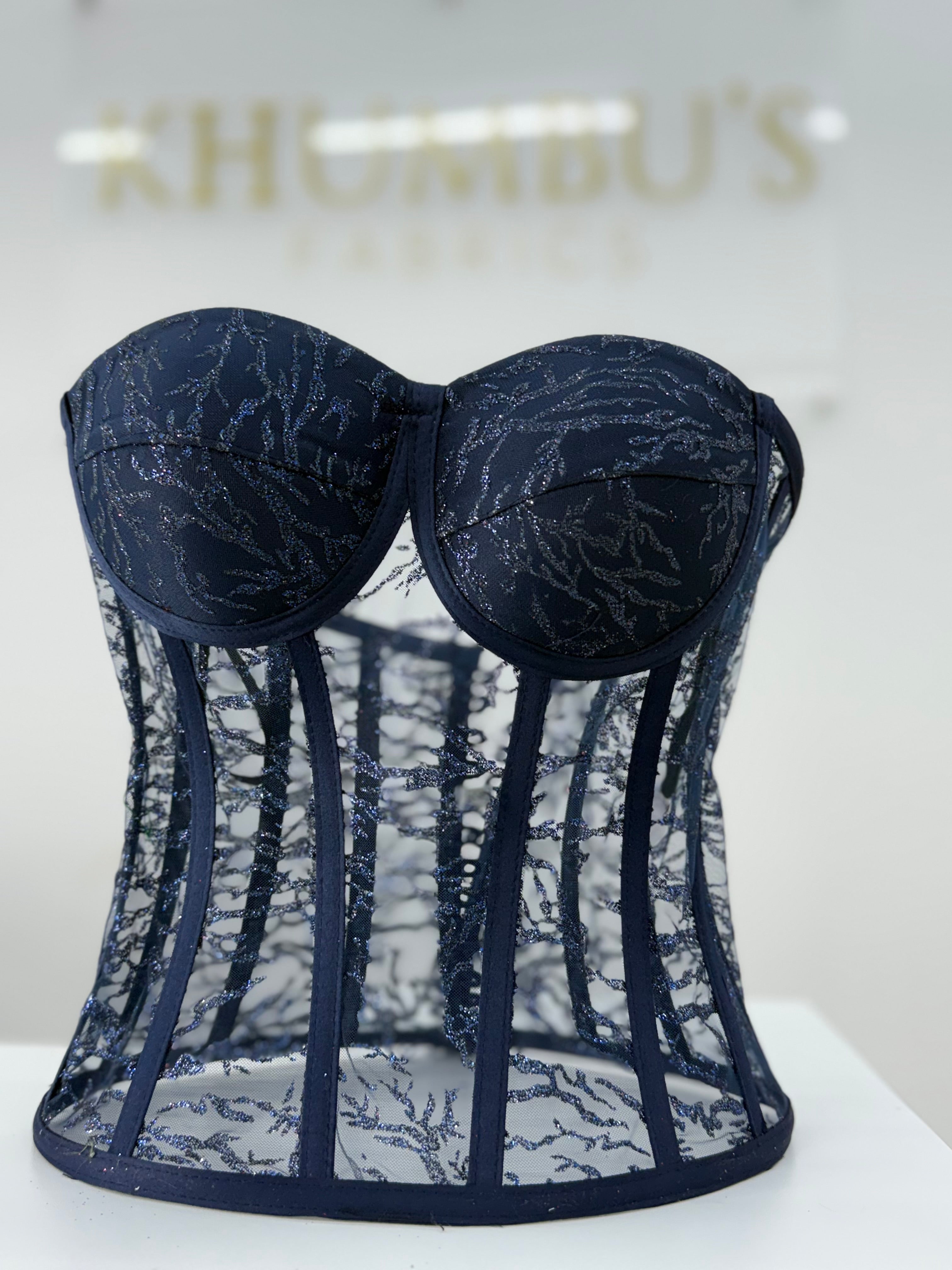 Navy Blue Glittering Corset with Closed Cleavage Design