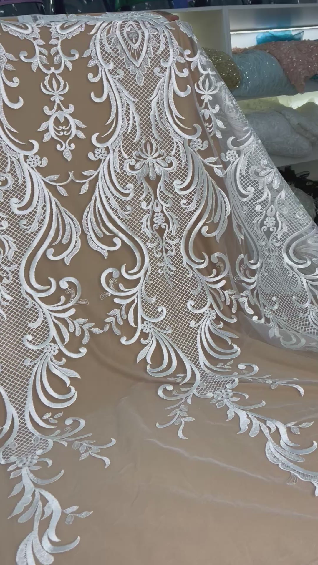 Embroidery Lace Fabric: Off White Tulle/Bridal Dress Couture.